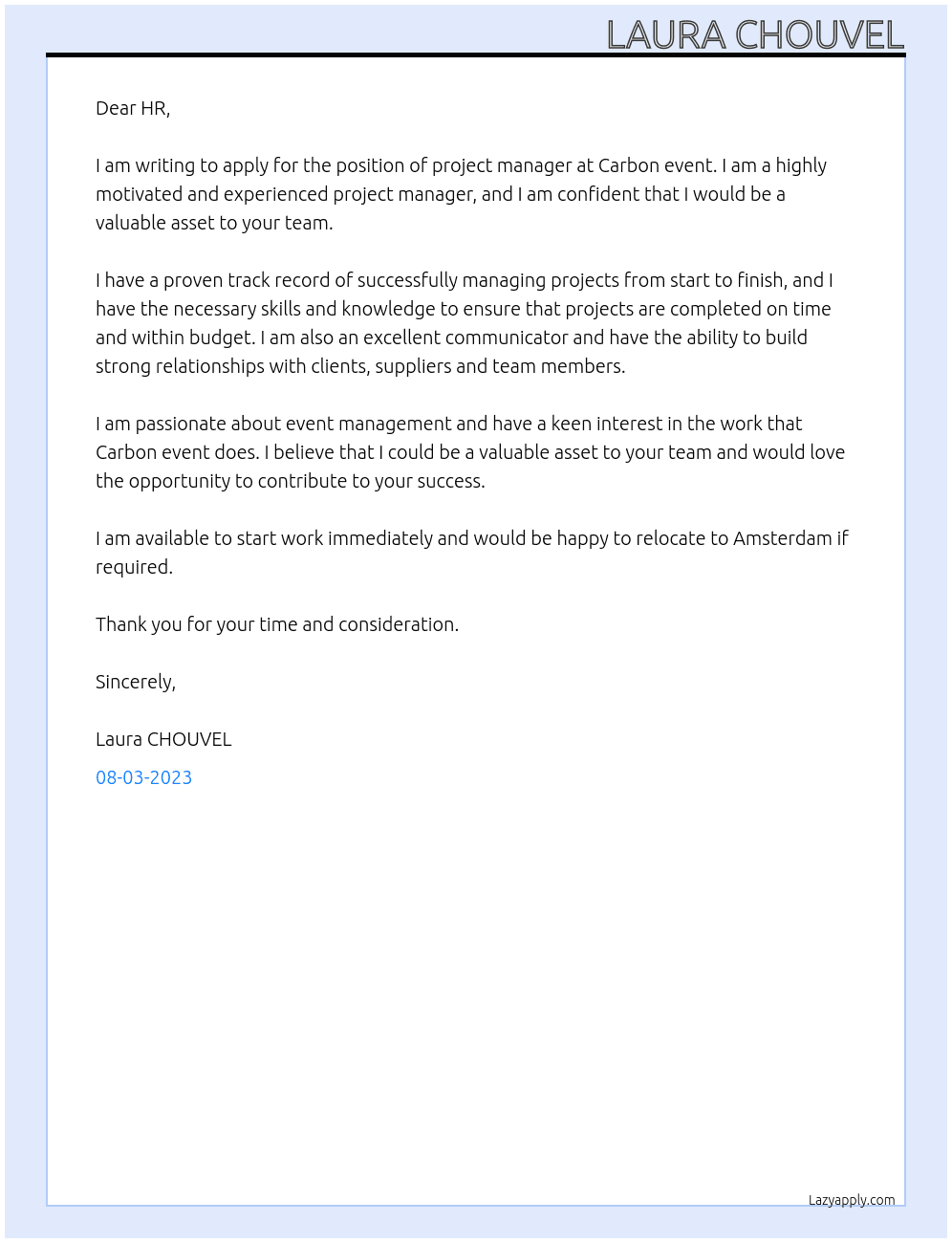 project manager At Carbon event Cover Letter