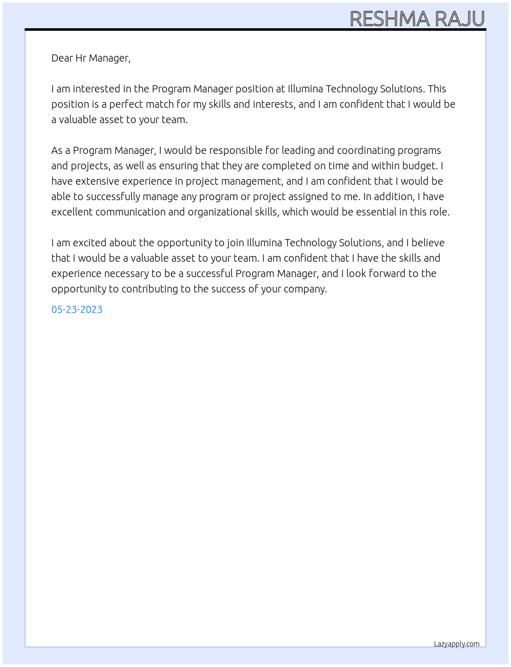 Program Manager At Illumina Technology Solutions Cover Letter