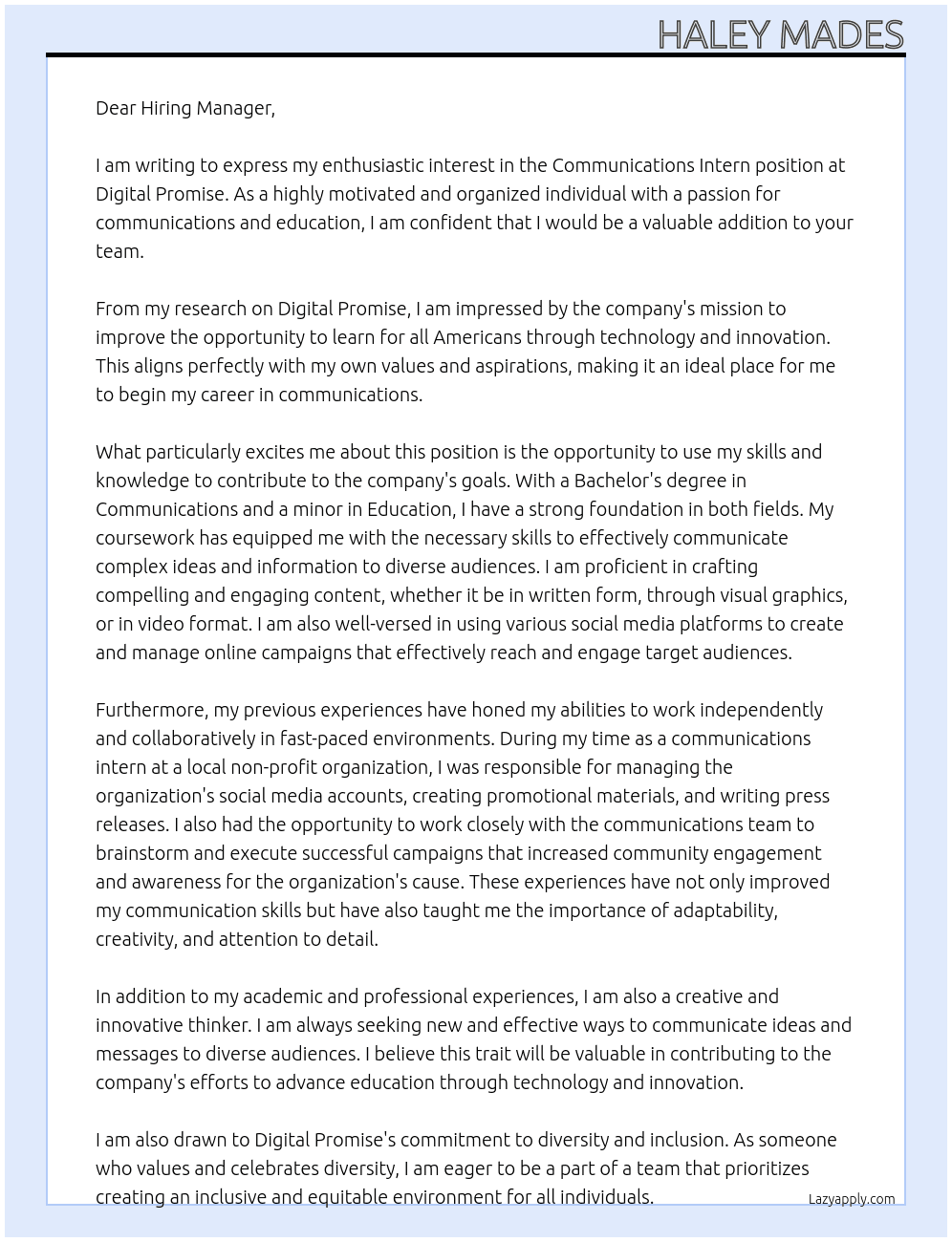 Communications Intern At Digital Promise Cover Letter
