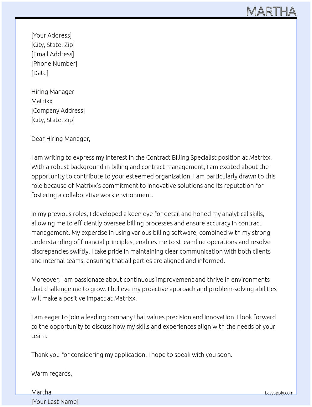 Cover letter for contract billing specialist - LazyApply
