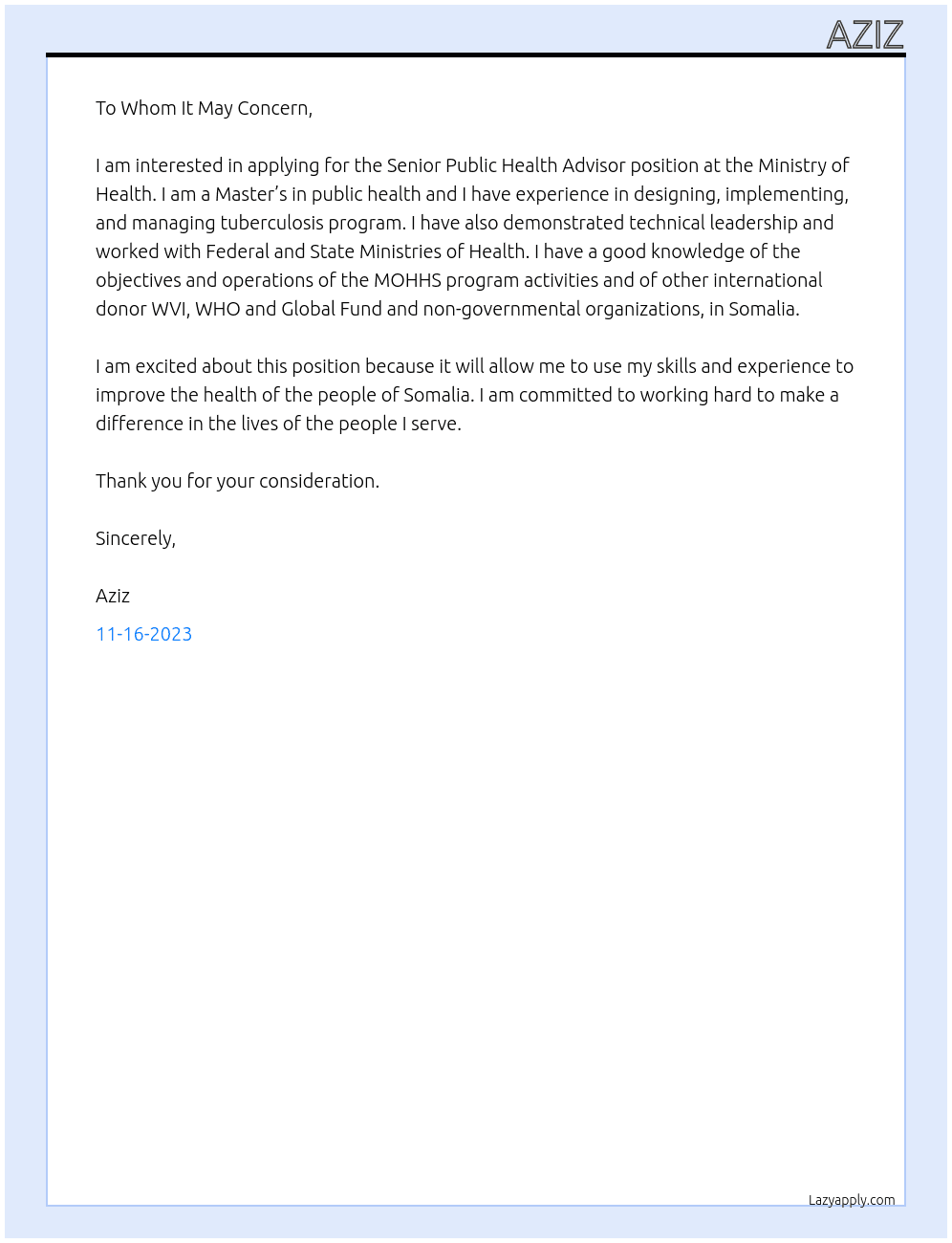 Senior Public Health Advisor  At MoH Cover Letter