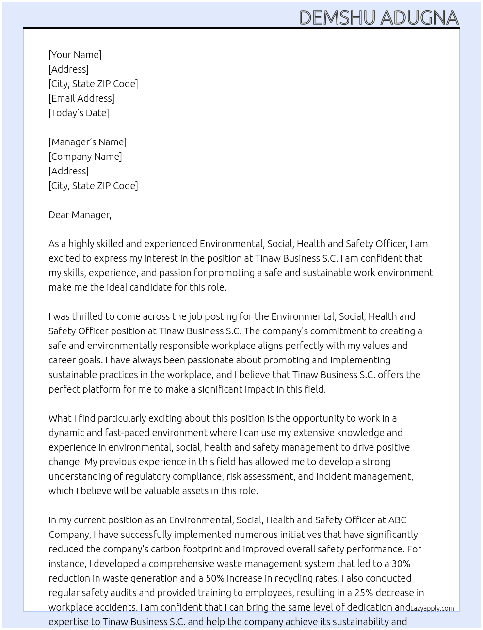  Environmental ,Social,Health and Safety Officer At Tinaw Business S.C Cover Letter