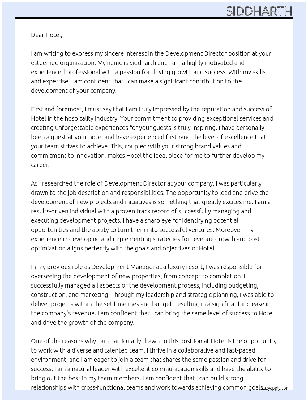 Development Director  At Hotel Cover Letter