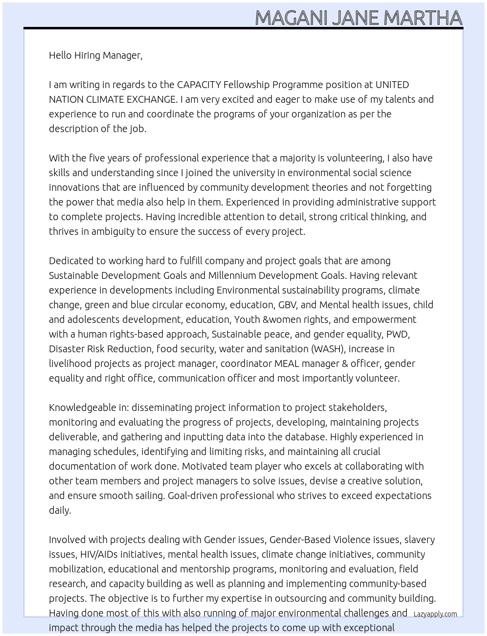 CAPACITY Fellowship Programme At UNITED NATION CLIMATE EXCHANGE  Cover Letter