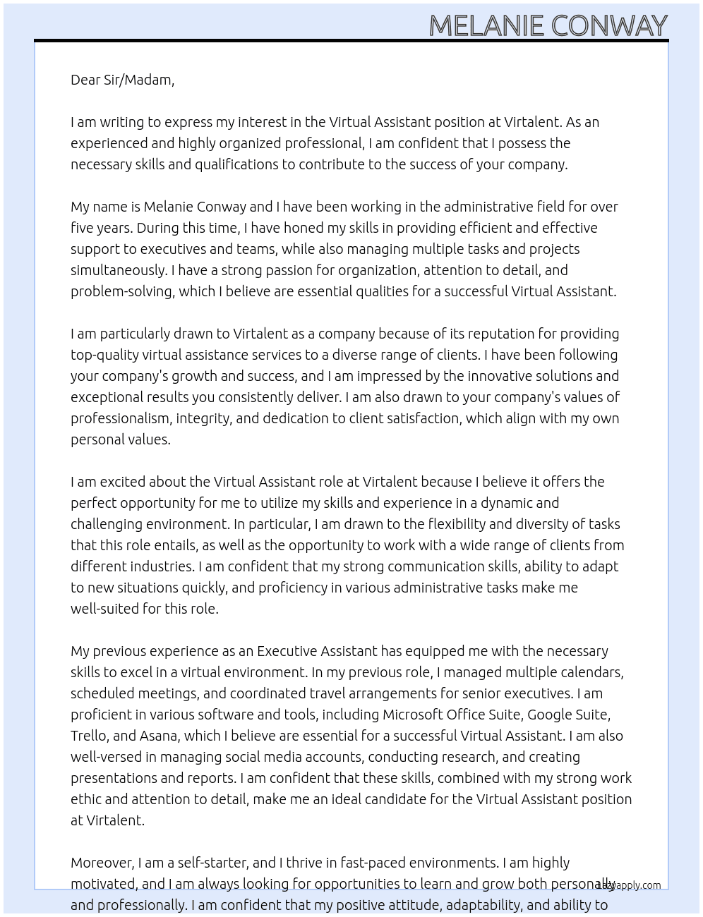 VIrtual Assistant At Virtalent Cover Letter