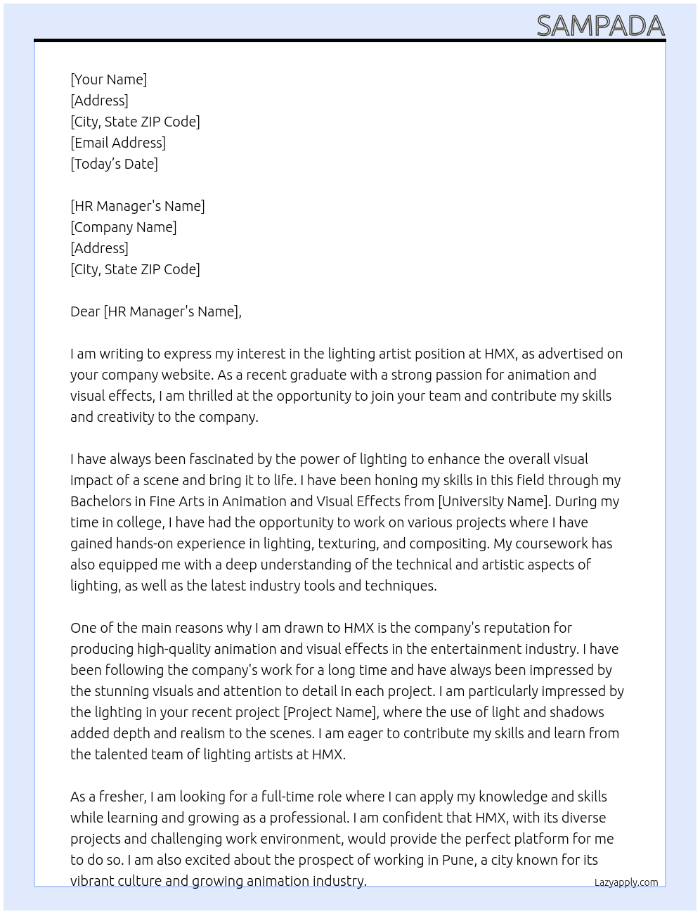 lighting artist At HMX Cover Letter