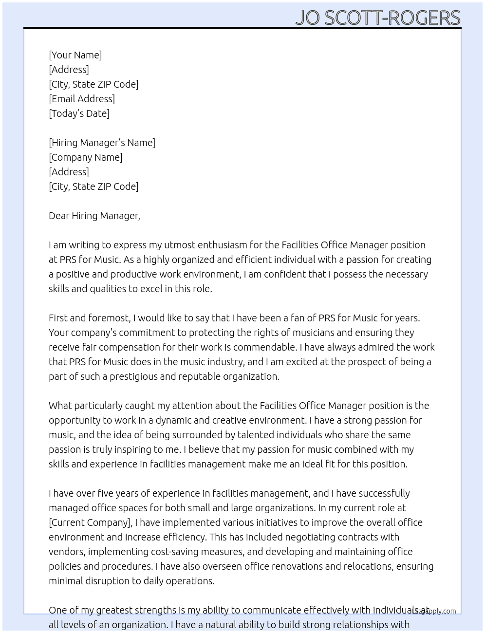 Facilities Office Manager At PRS for Music Cover Letter