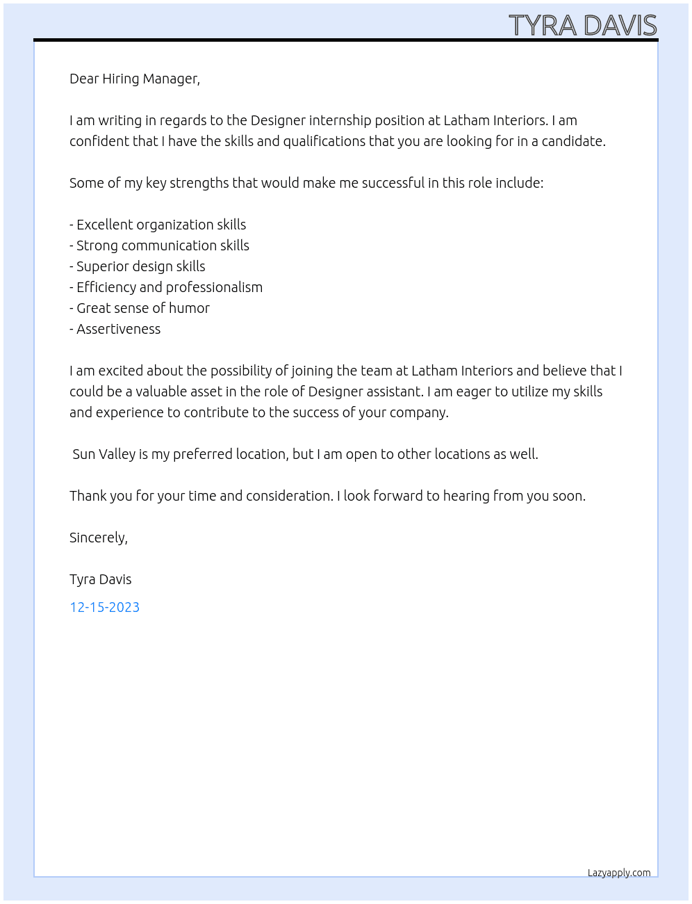 Designer internship At Latham Interiors Cover Letter