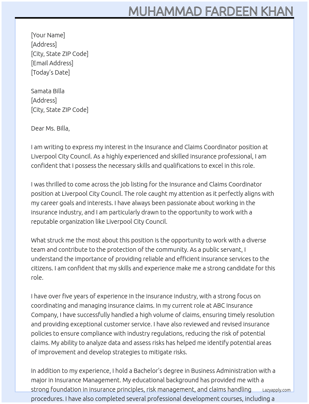Insurance and Claims Coordinator At Liverpool City Council  Cover Letter