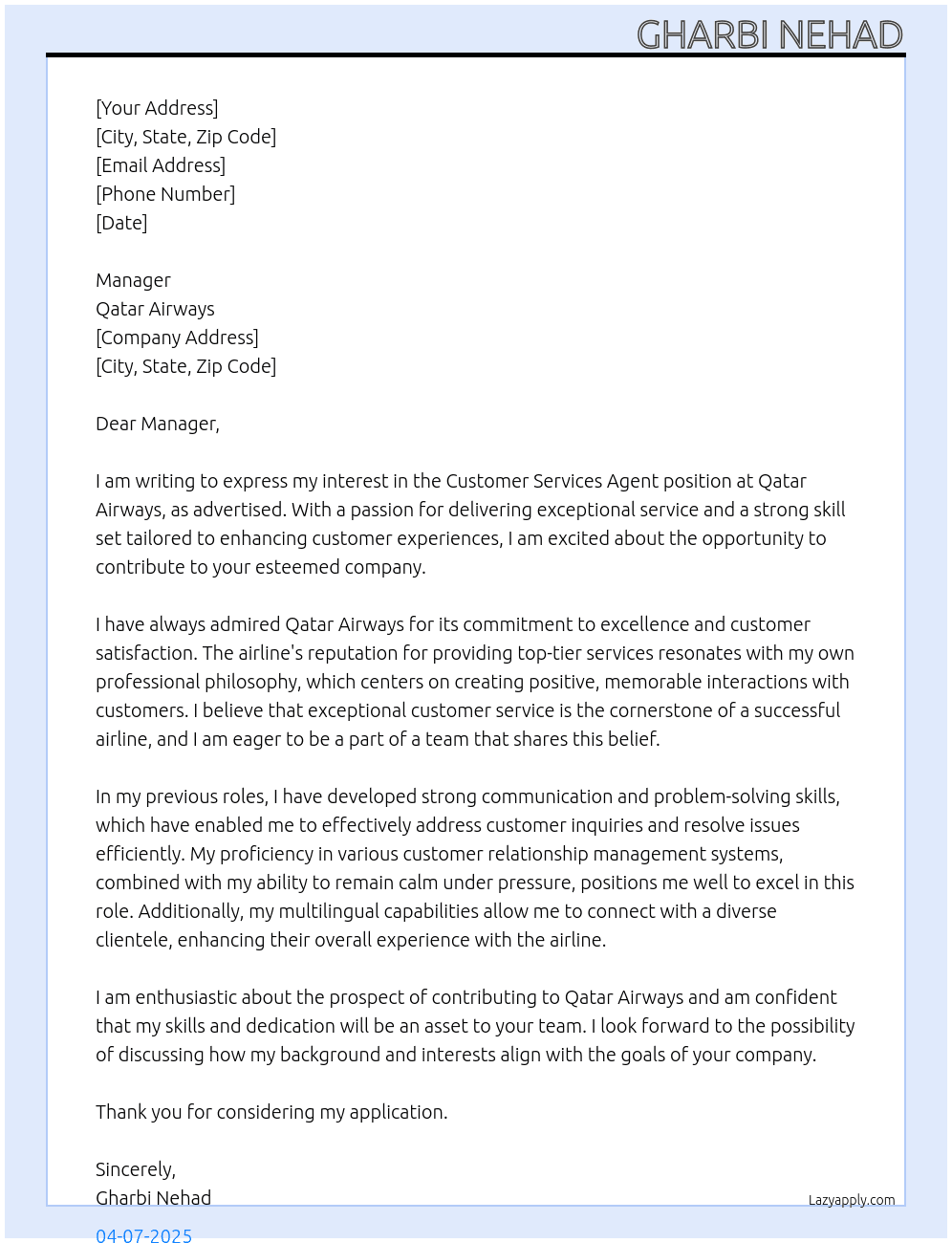 Customer Services Agent At qatar airways Cover Letter