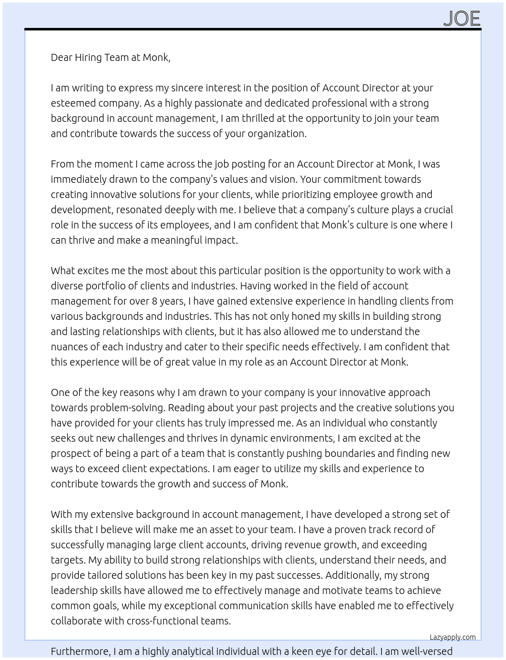 Account Director At monk Cover Letter