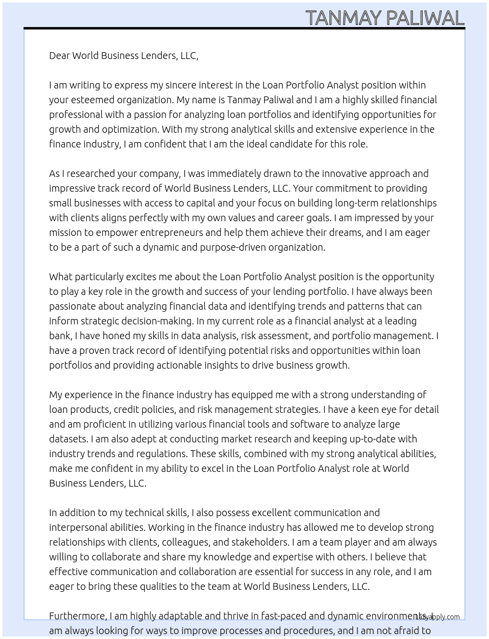 Loan Portfolio Analyst  At World Business Lenders, LLC Cover Letter