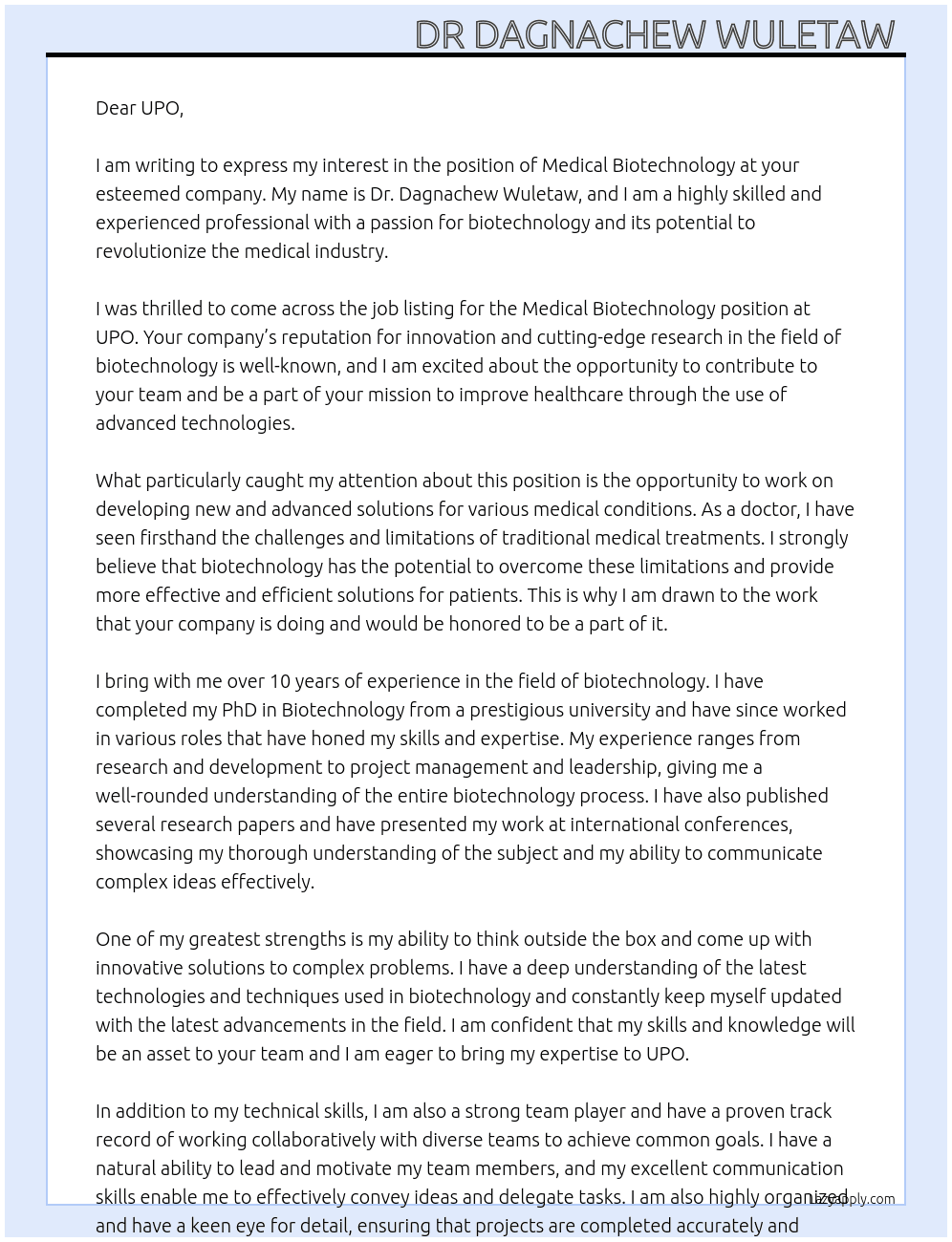 Cover letter for medical biotechnology - LazyApply