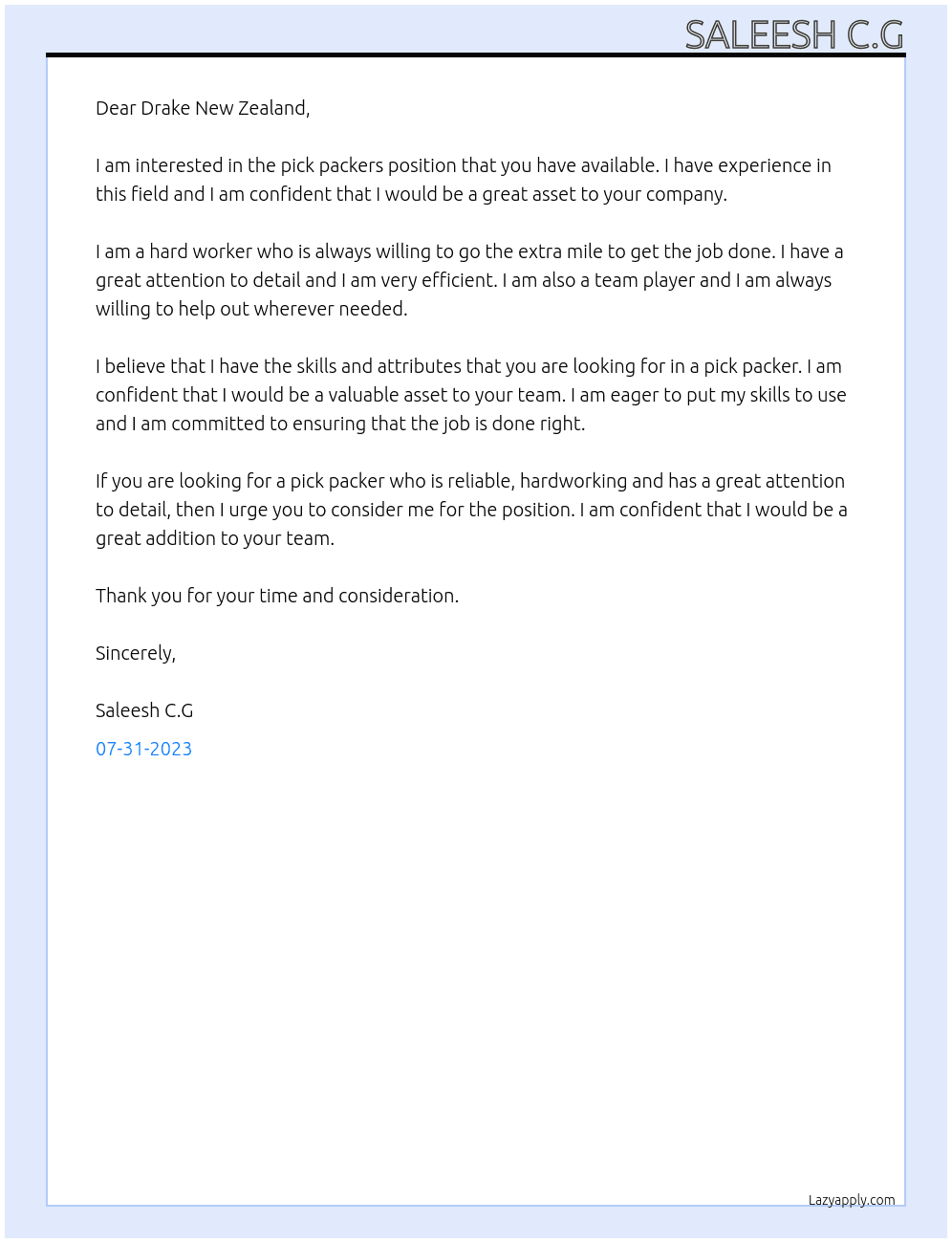 Pick packers  At Drake New Zealand Cover Letter