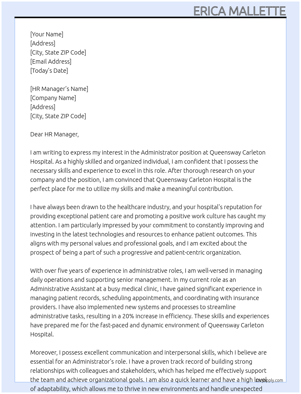 administator At Queensway Carleton Hospital Cover Letter