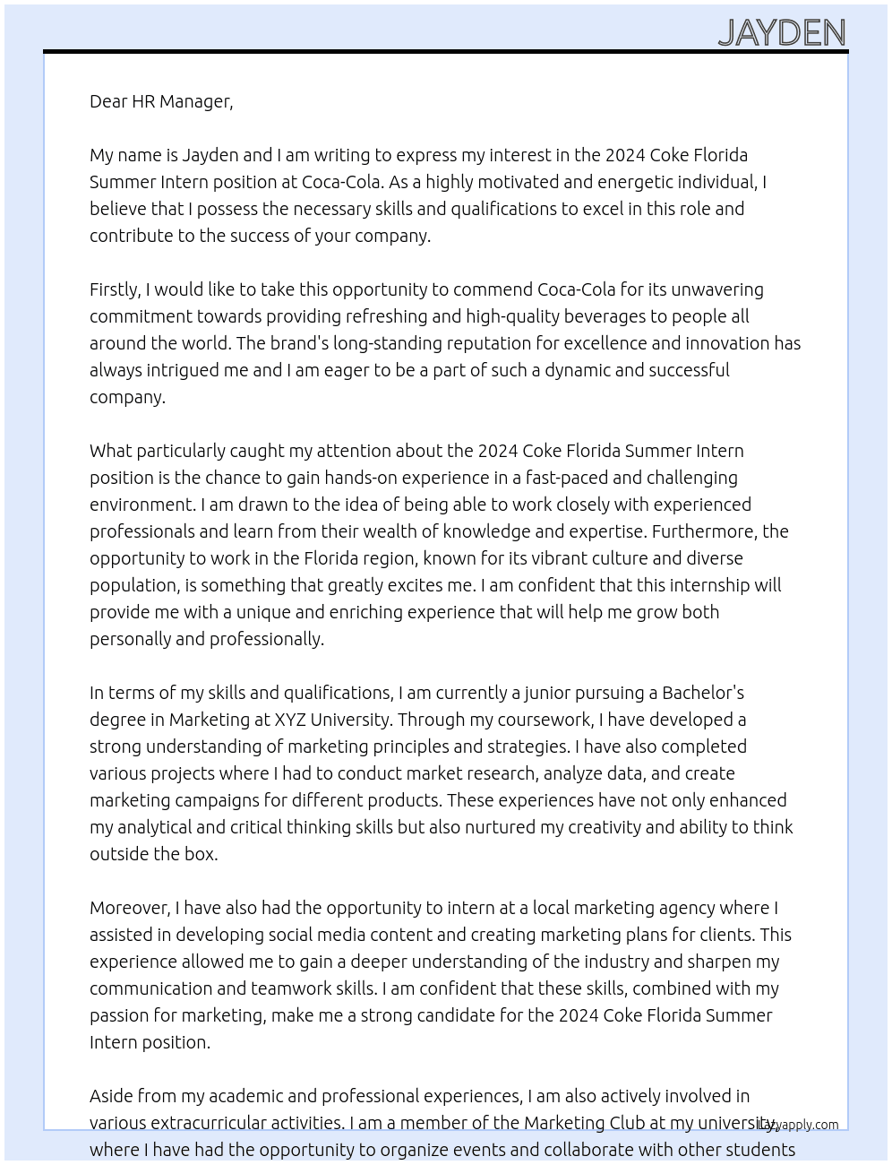 Cover letter for 2024 coke florida summer intern - LazyApply