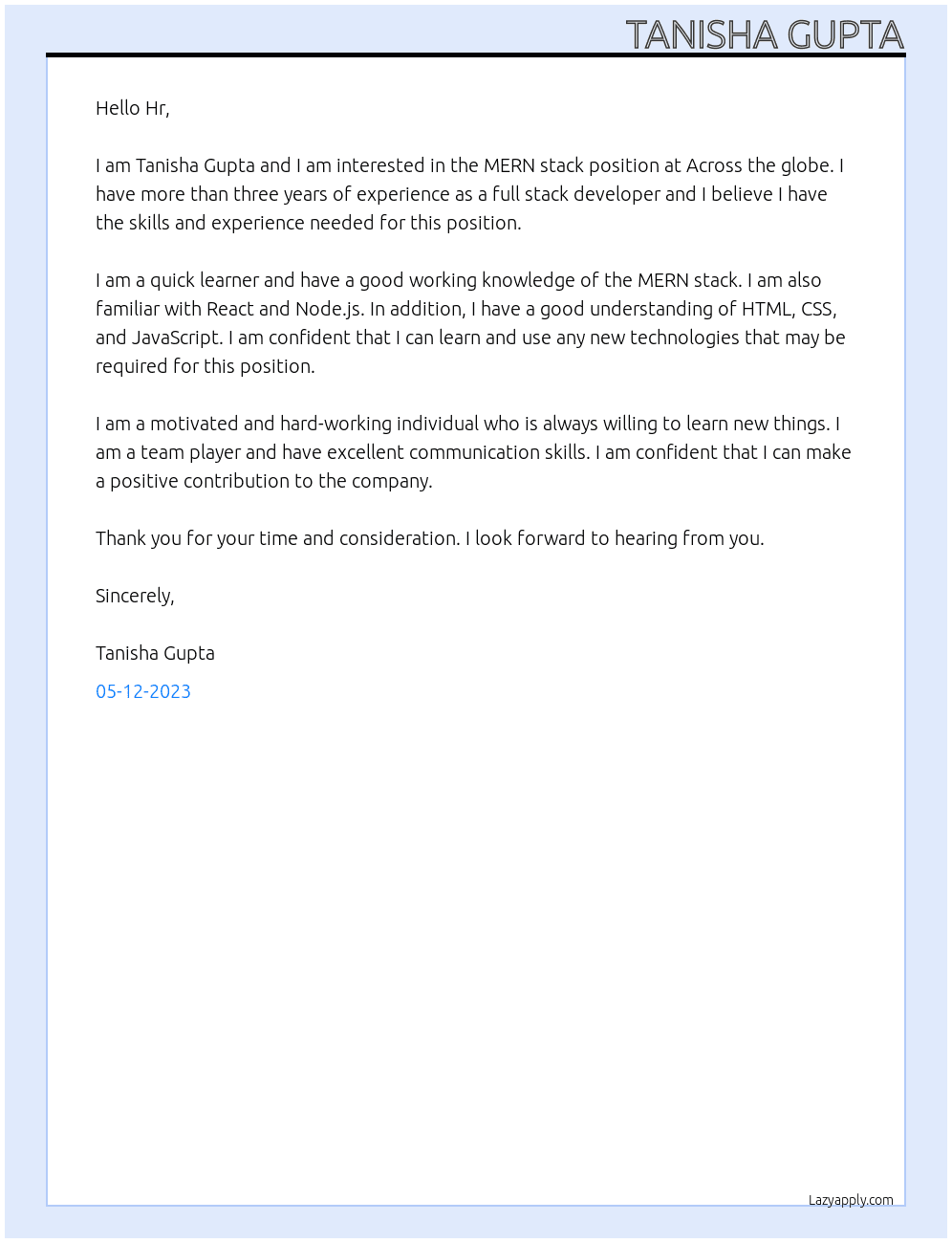 MERN stack At Across the globe Cover Letter