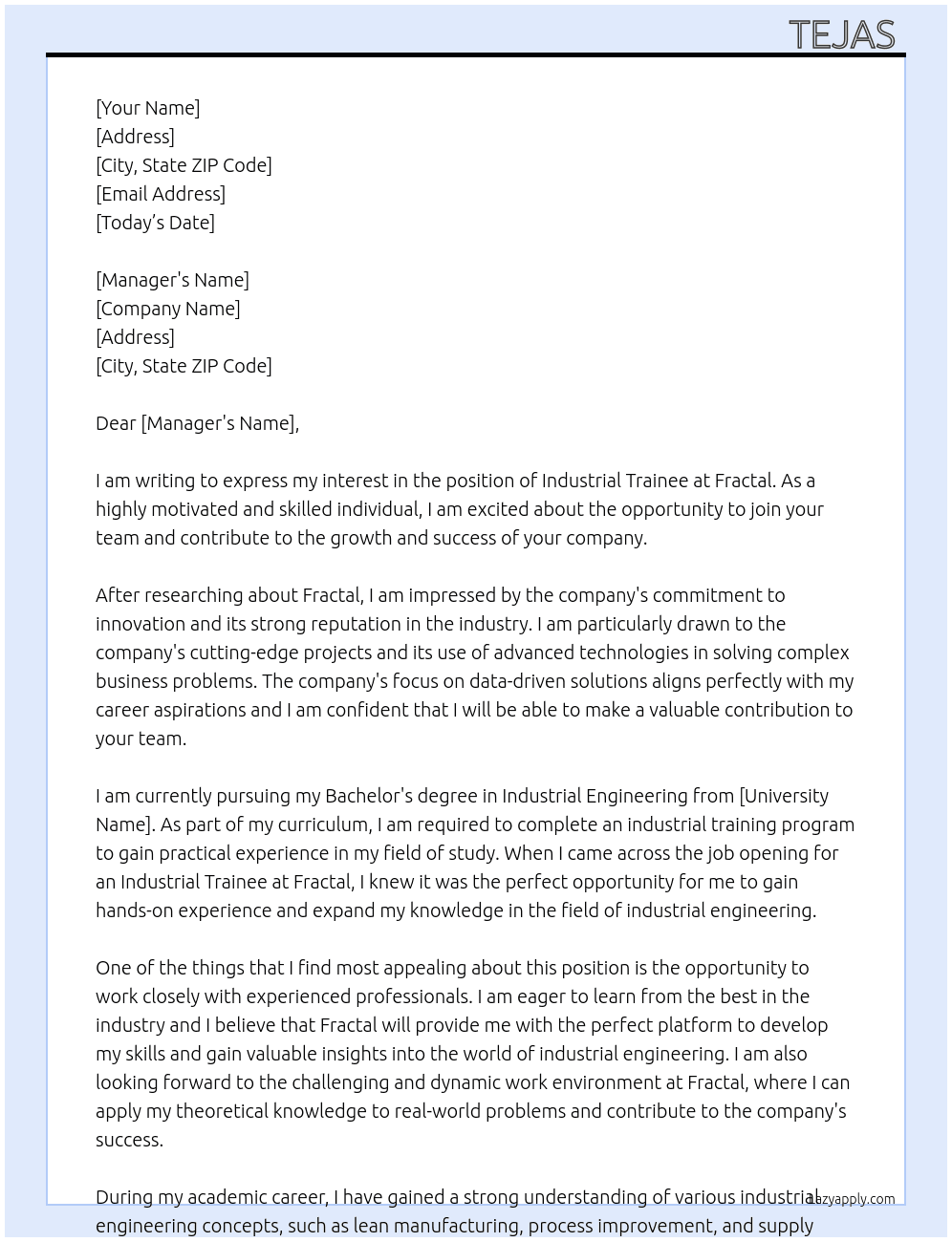 Industrial Trainee At Fractal Cover Letter