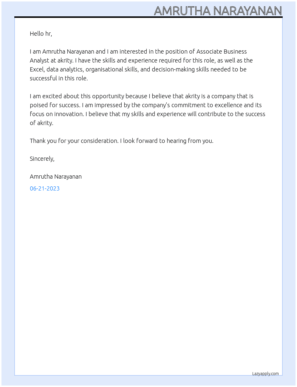 Associate Business Analyst At akrity Cover Letter