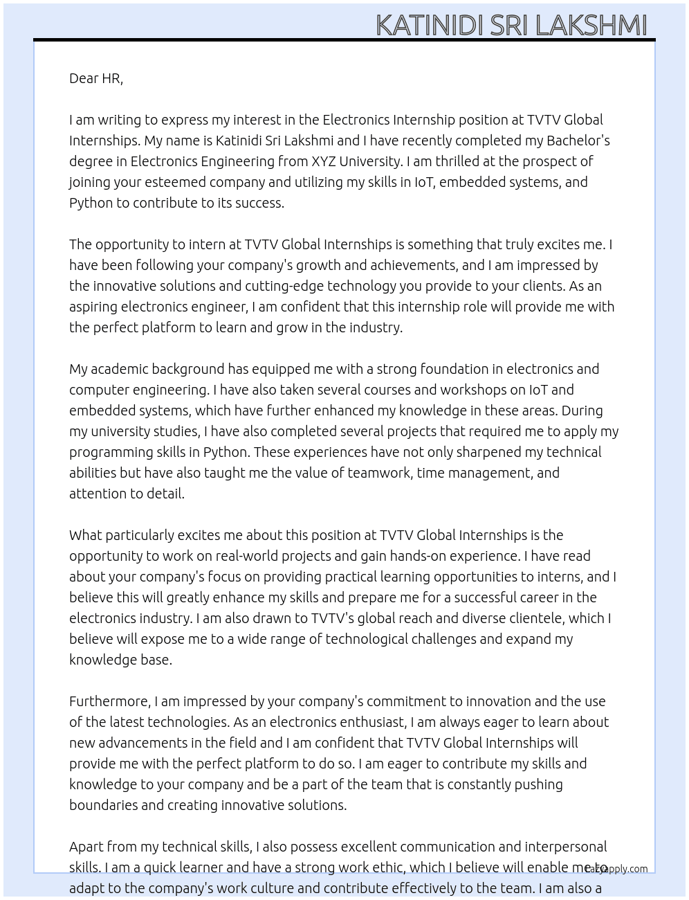 Electronics internship  At Tvtv global internships  Cover Letter