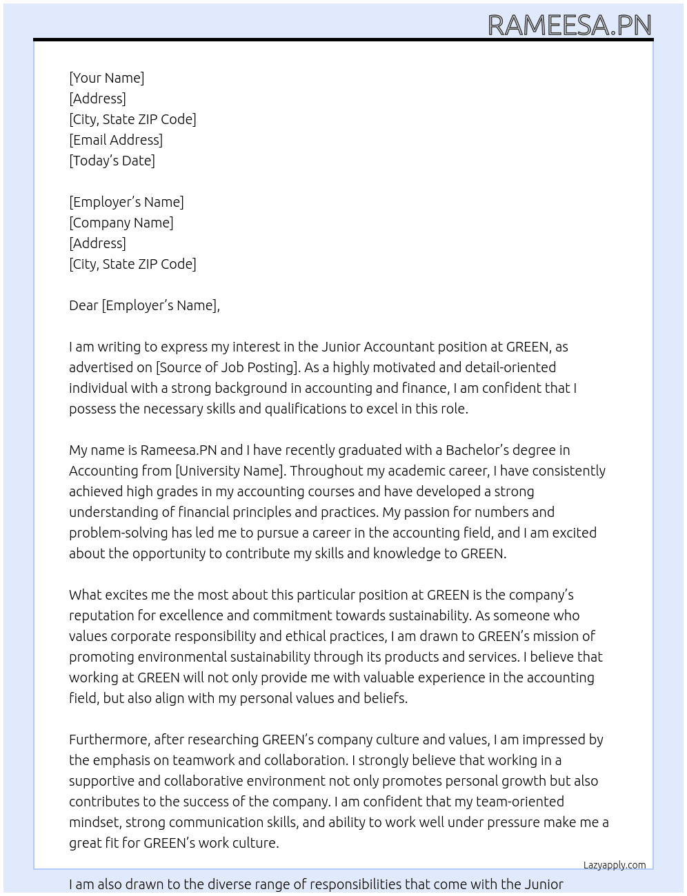 JUNIOR ACCOUNTANT At GREEN Cover Letter