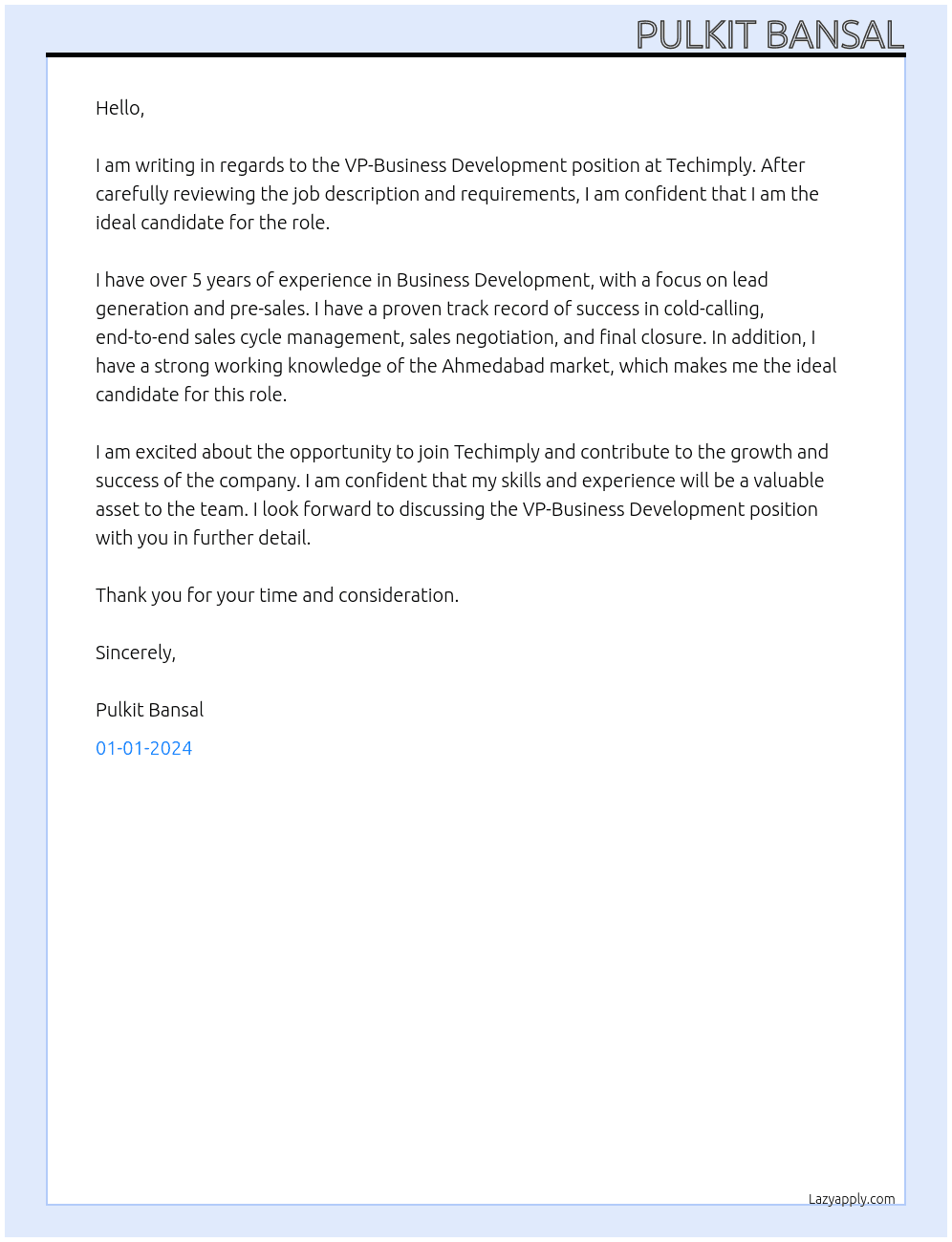 Business Development Manager At Techimply Cover Letter