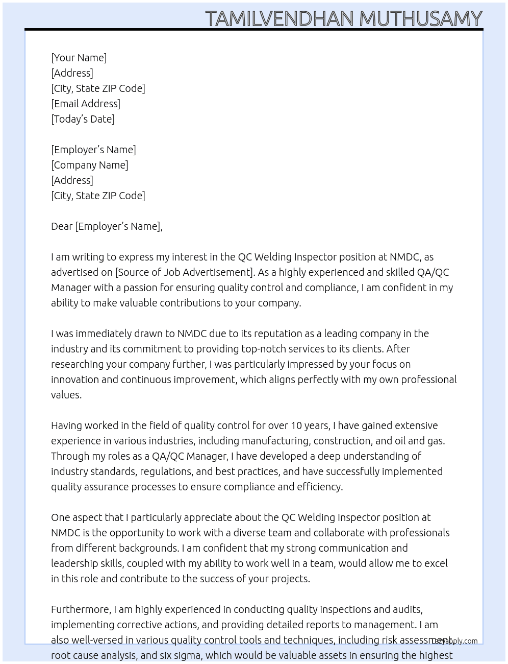 QC welding inspector At NMDC Cover Letter