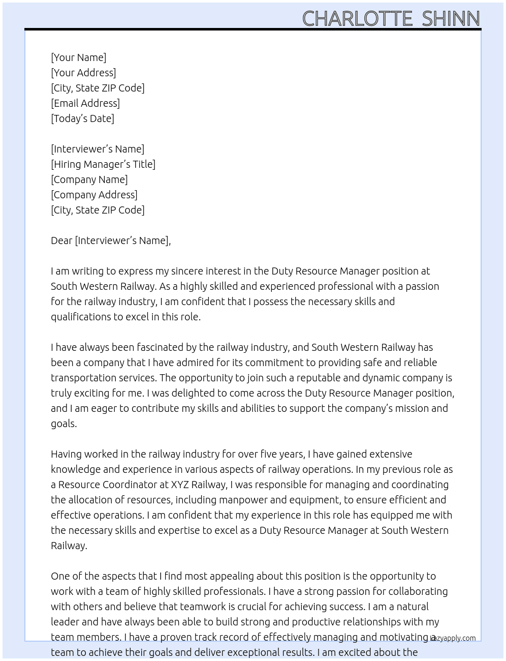 Duty resource Manager At Sout western railway Cover Letter