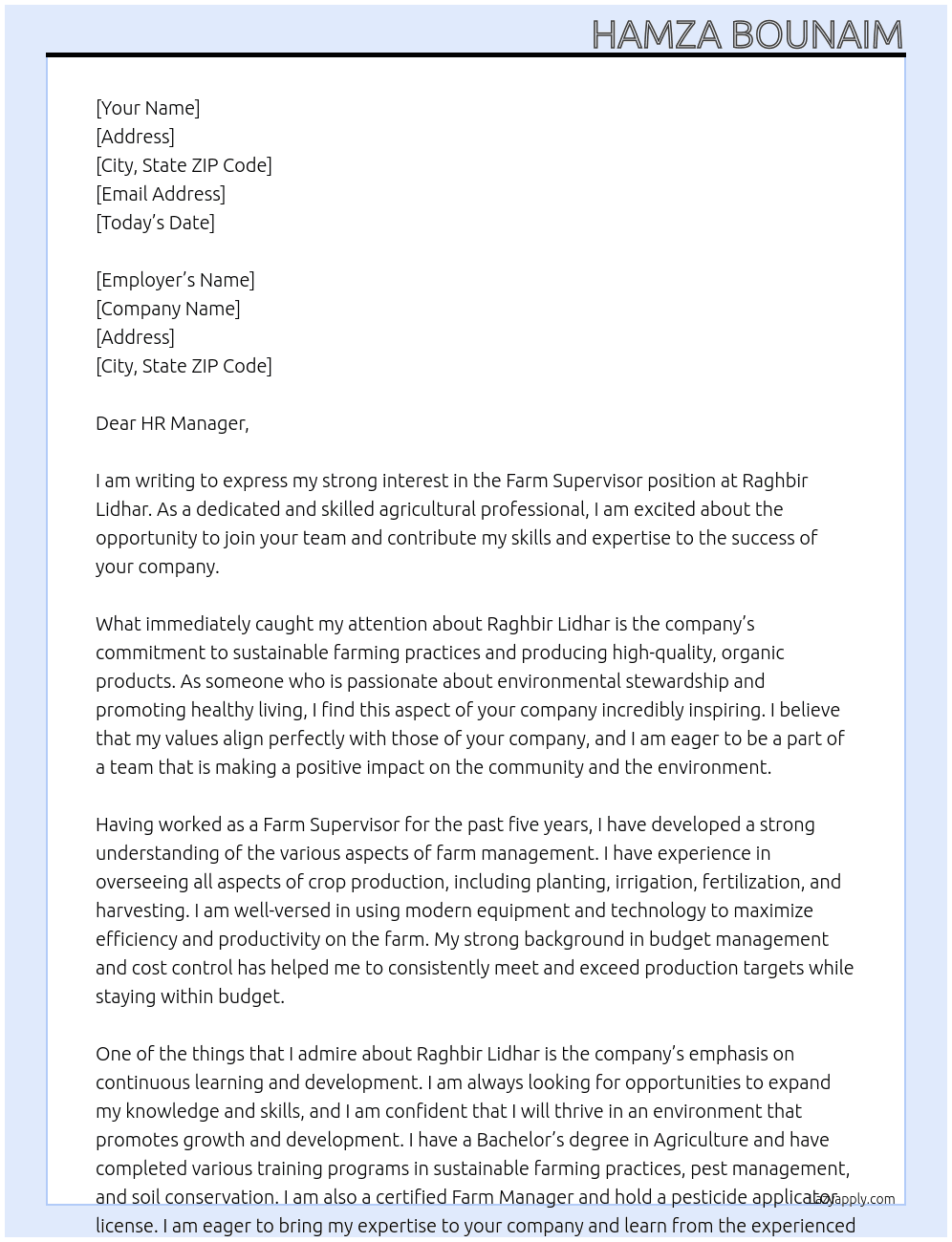 farm supervisor At Raghbir Lidhar Cover Letter