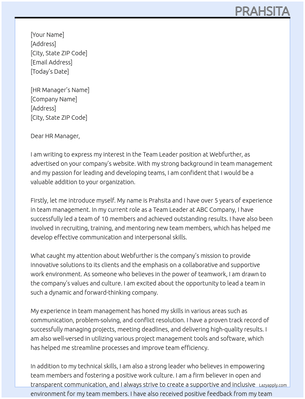 team leader At Webfurther Cover Letter