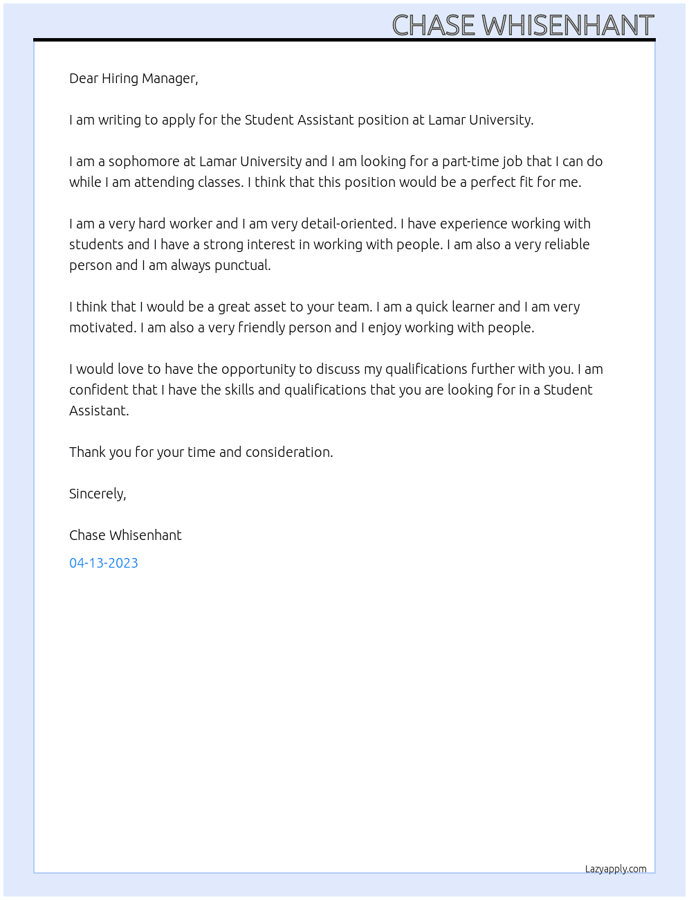 Student Assistant At Lamar University Cover Letter