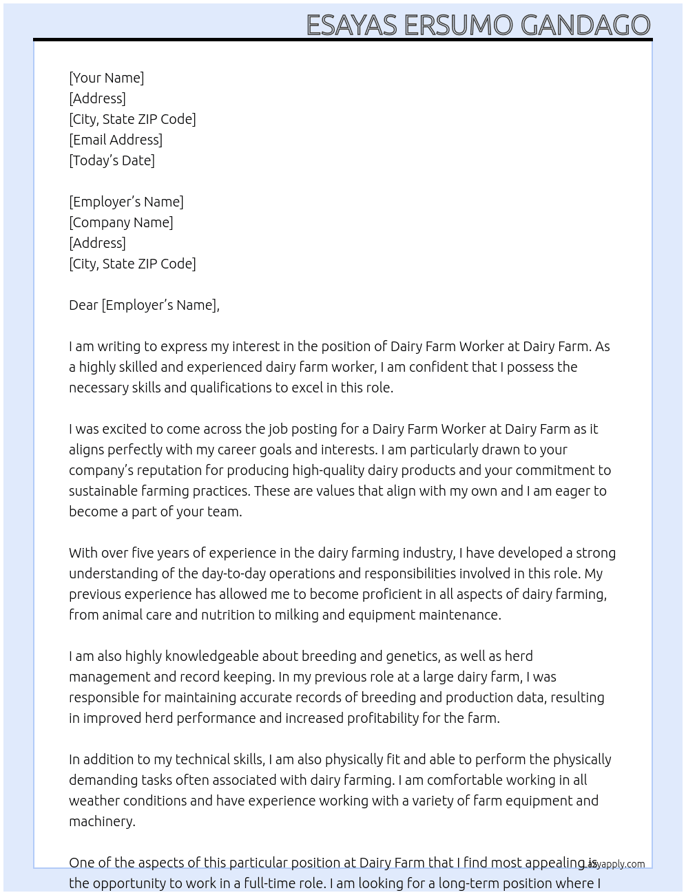 Dairy farm worker At Dairy farm Cover Letter