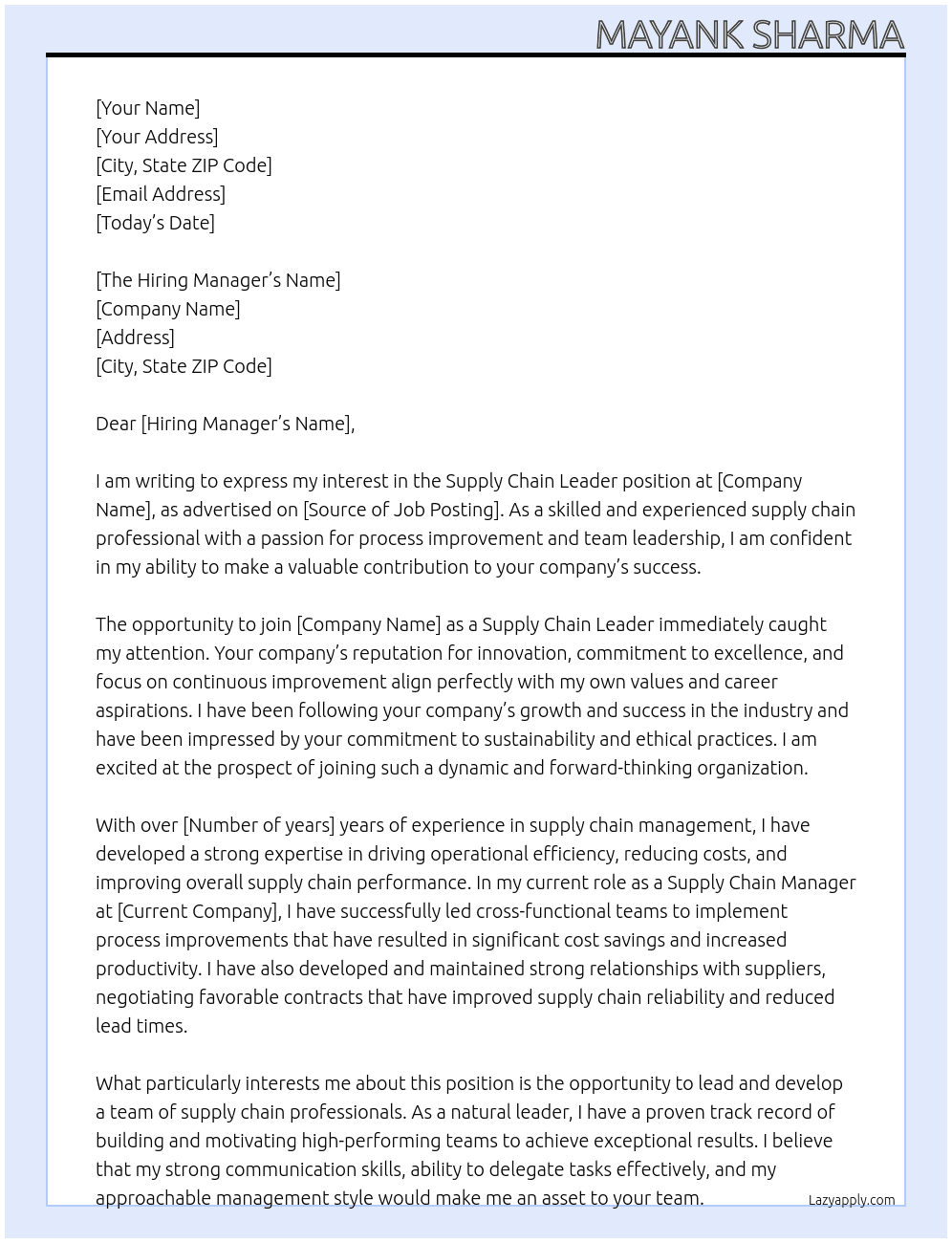 Supply Chain Leader At Mayank Sharma Cover Letter