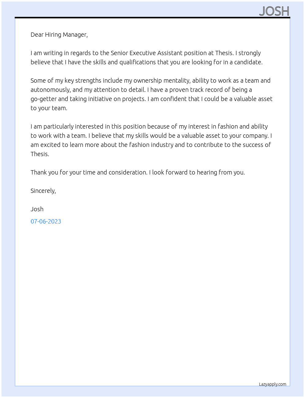 Senior Executive Assistant  At Thesis Cover Letter