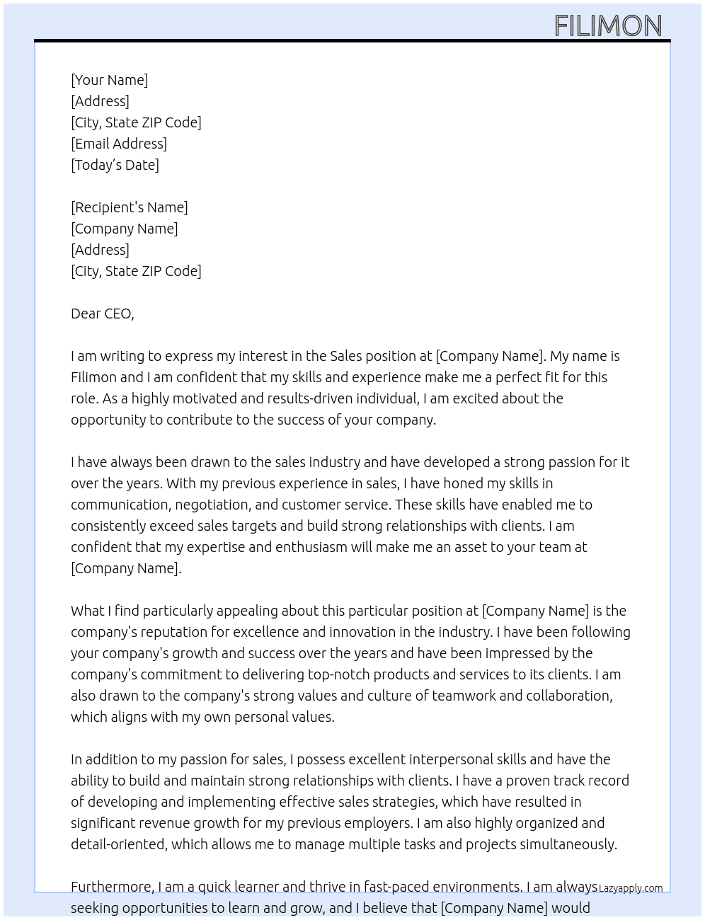 Cover letter for seles - LazyApply