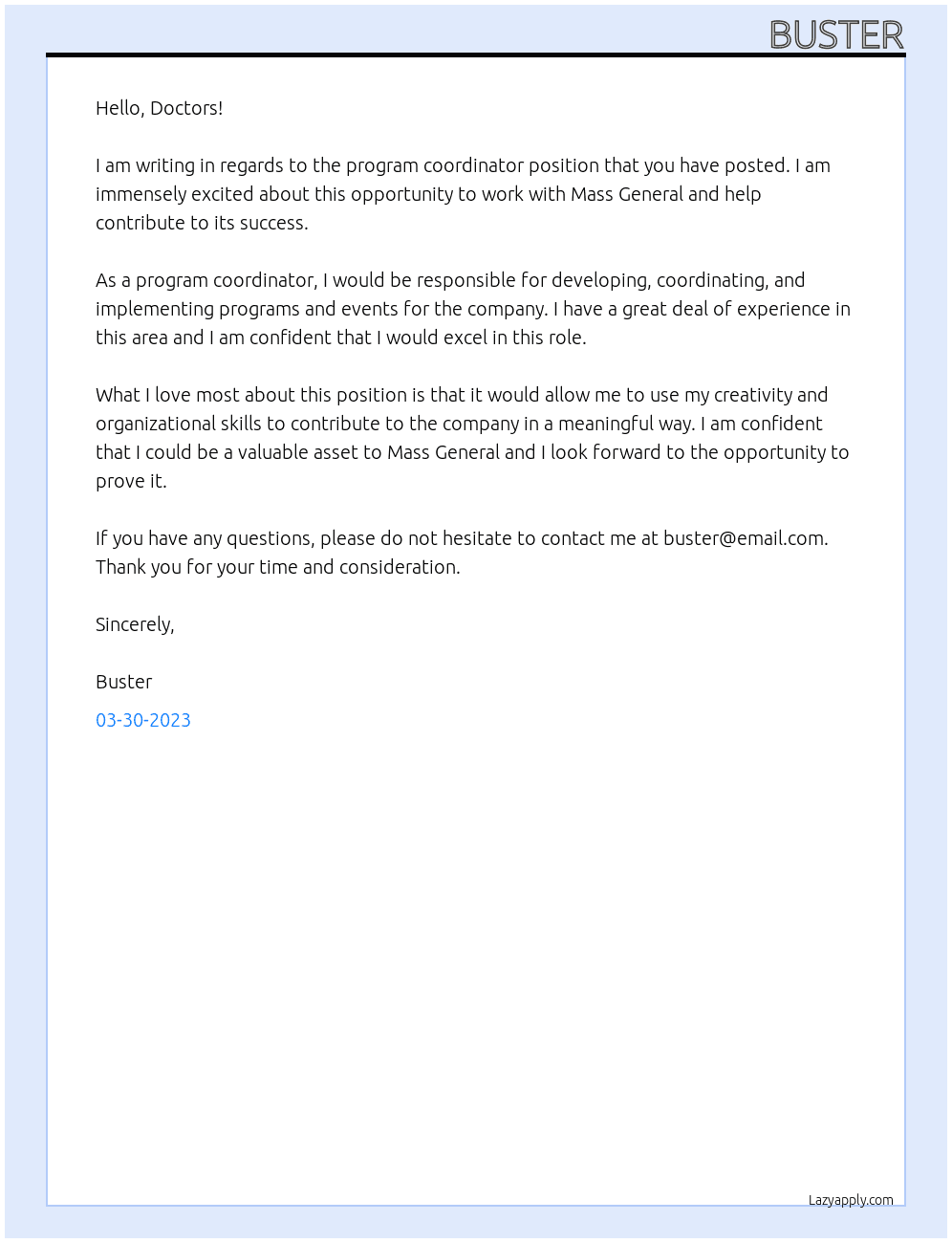 program coordinator At Mass General Cover Letter