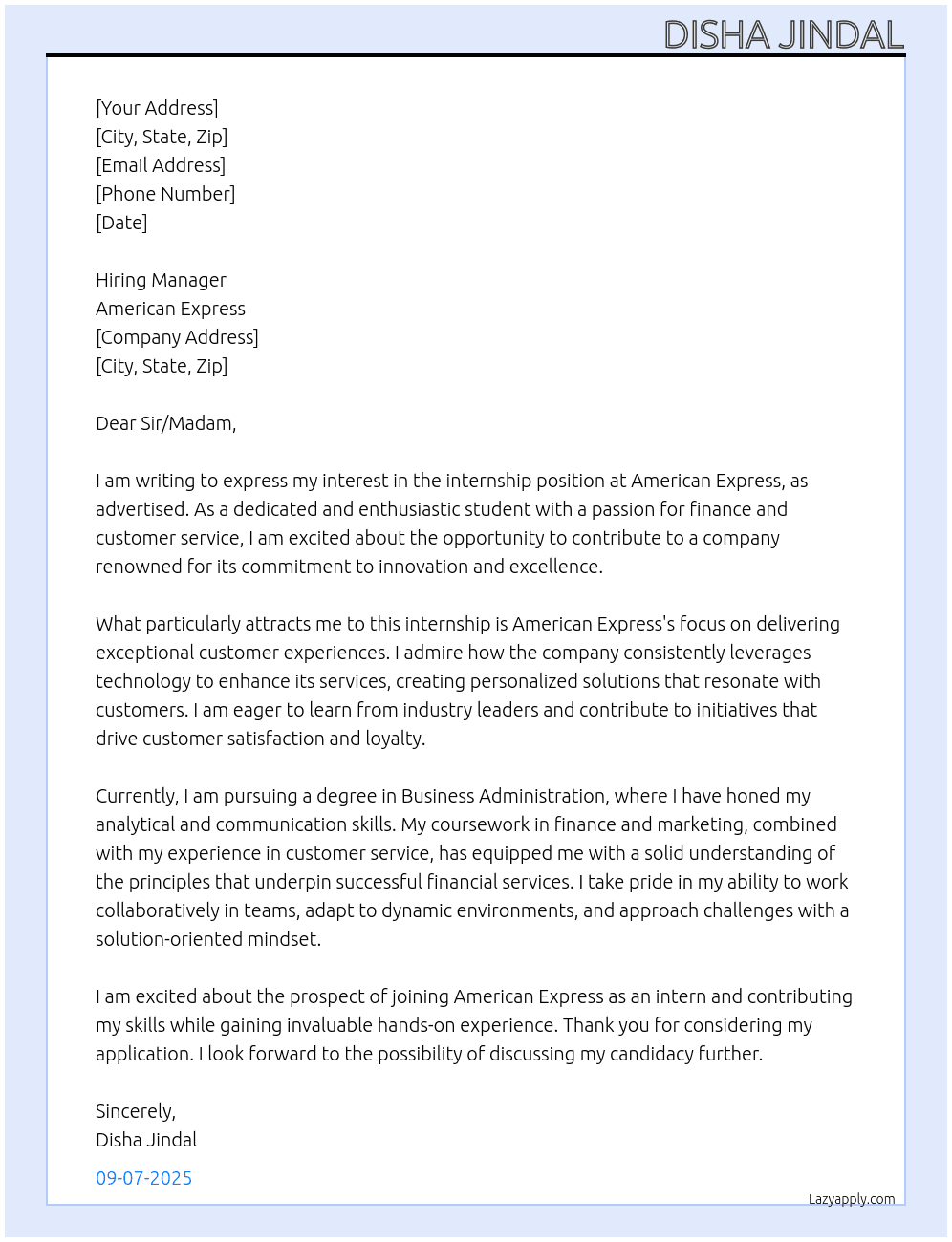 intern At American Express Cover Letter