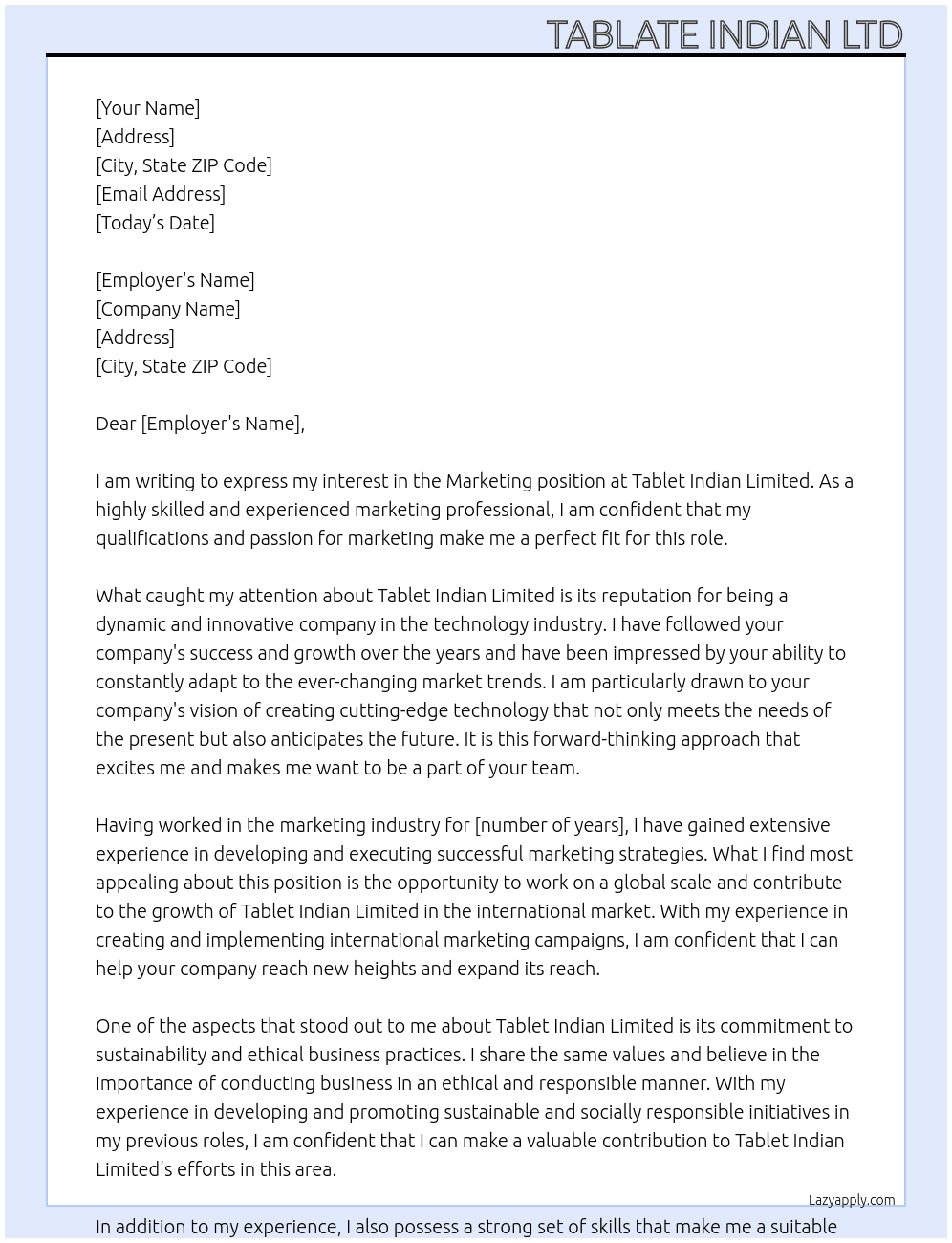 Marketing  At Tablet Indian limited Cover Letter