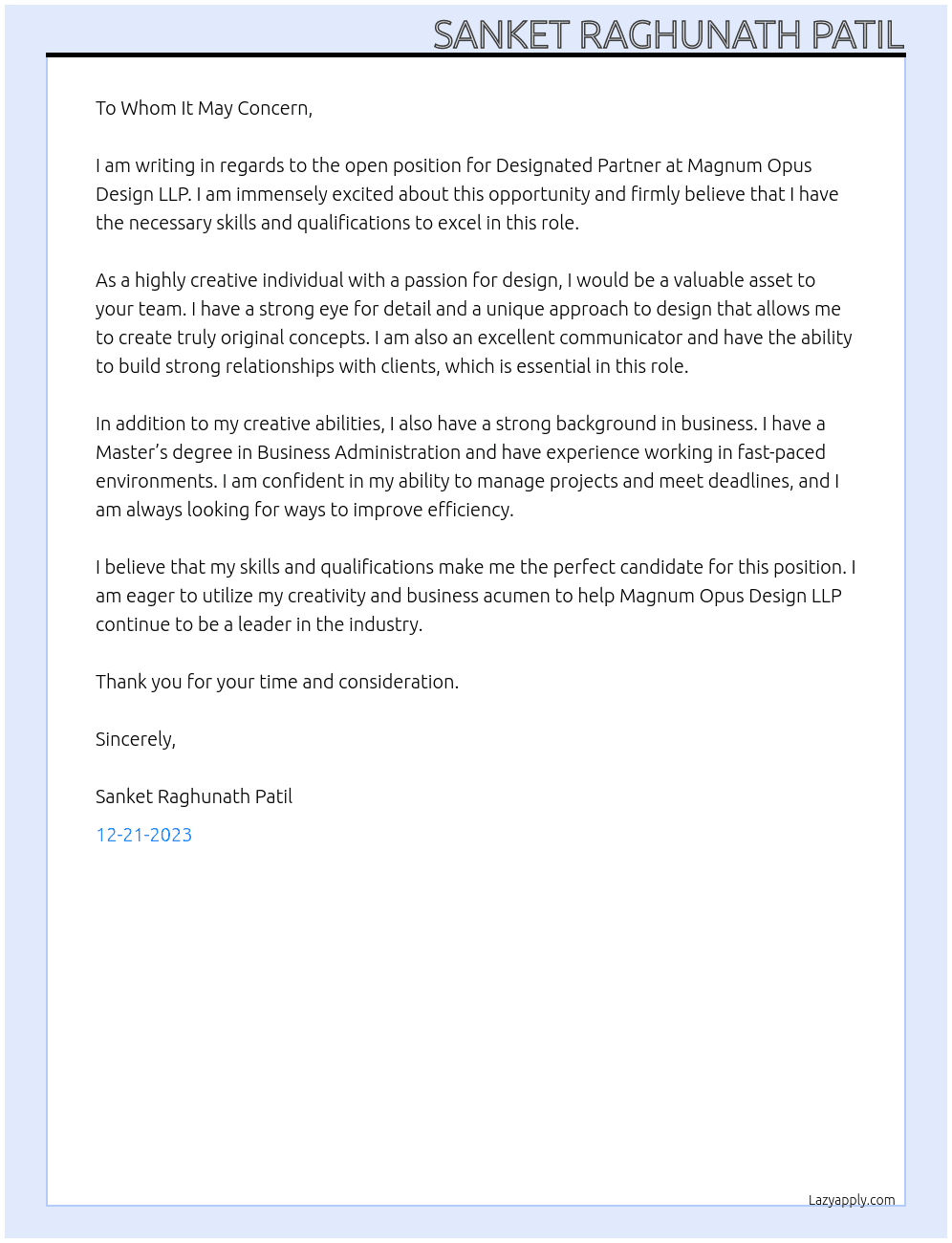 Designated Partner At Magnum Opus Design LLP Cover Letter