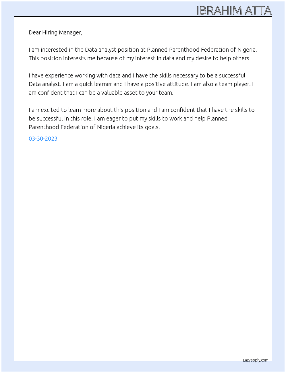 Data analyst At Planned Parenthood Federation of Nigeria Cover Letter