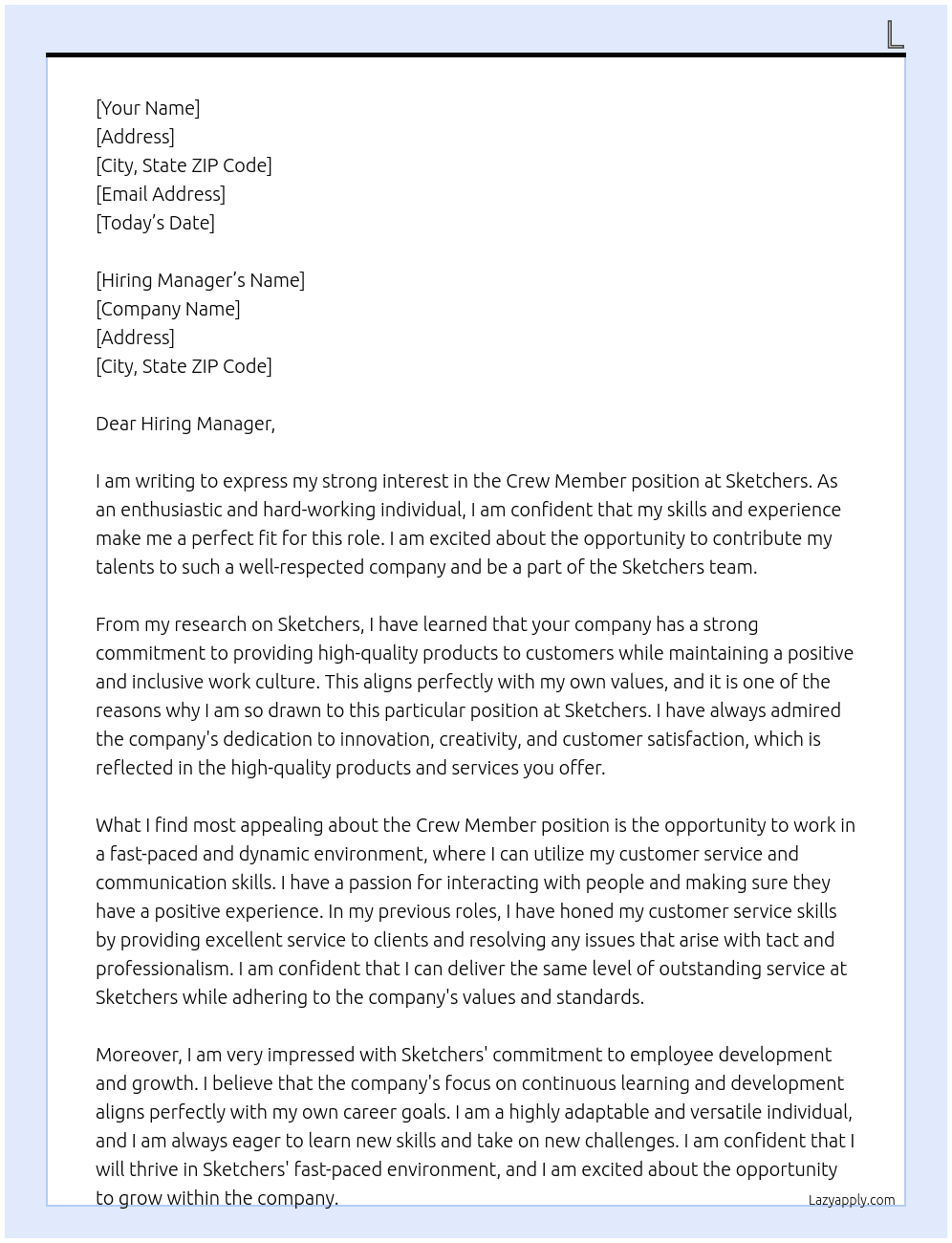 crew memer At Sketchers Cover Letter
