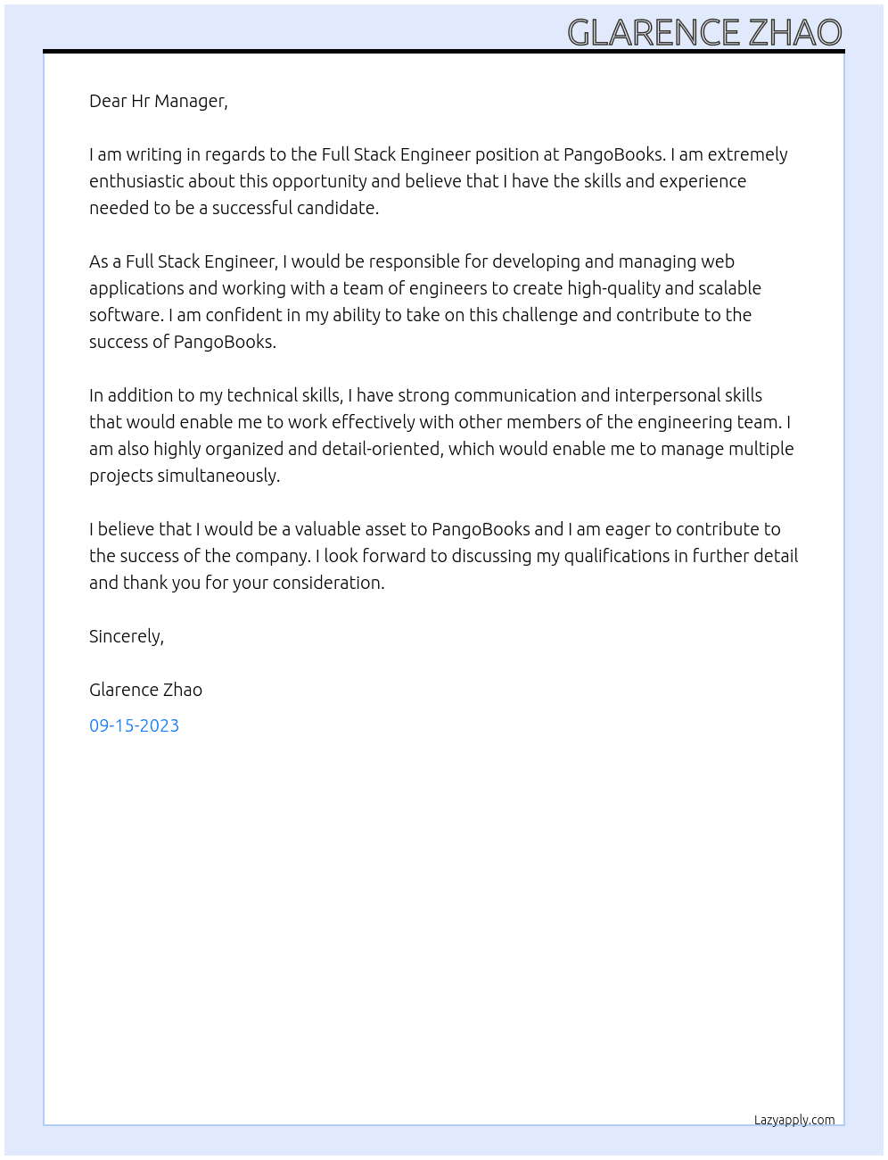 Full Stack Engineer At PangoBooks Cover Letter