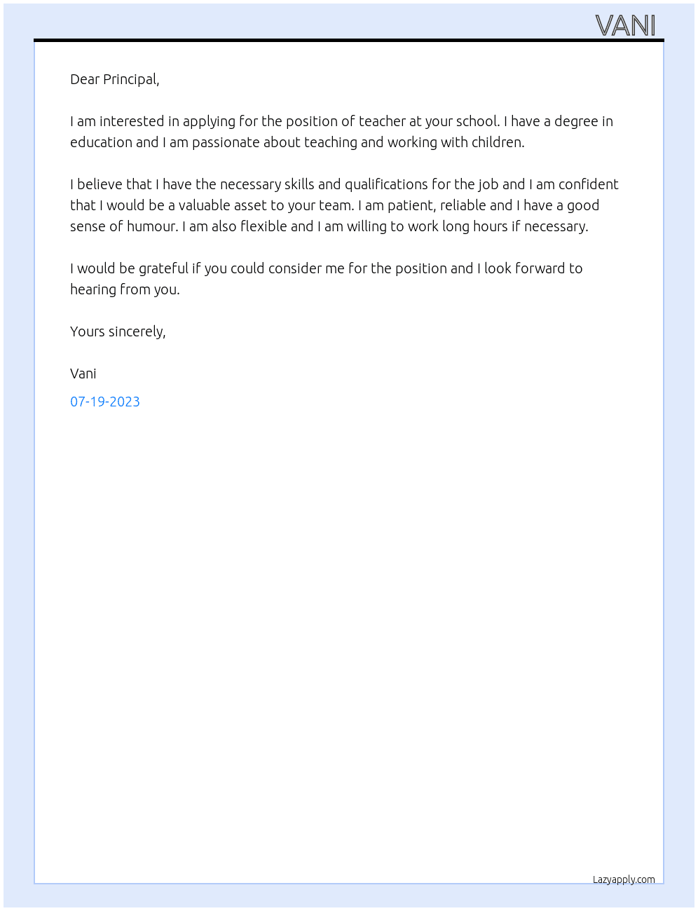 Teacher At School teacher  Cover Letter