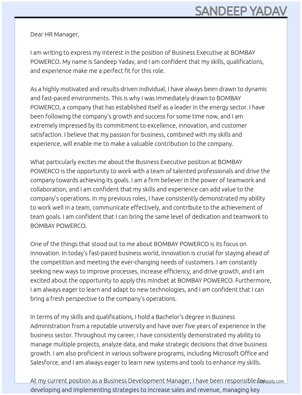 Business Executive At BOMBAY POWERCO Cover Letter