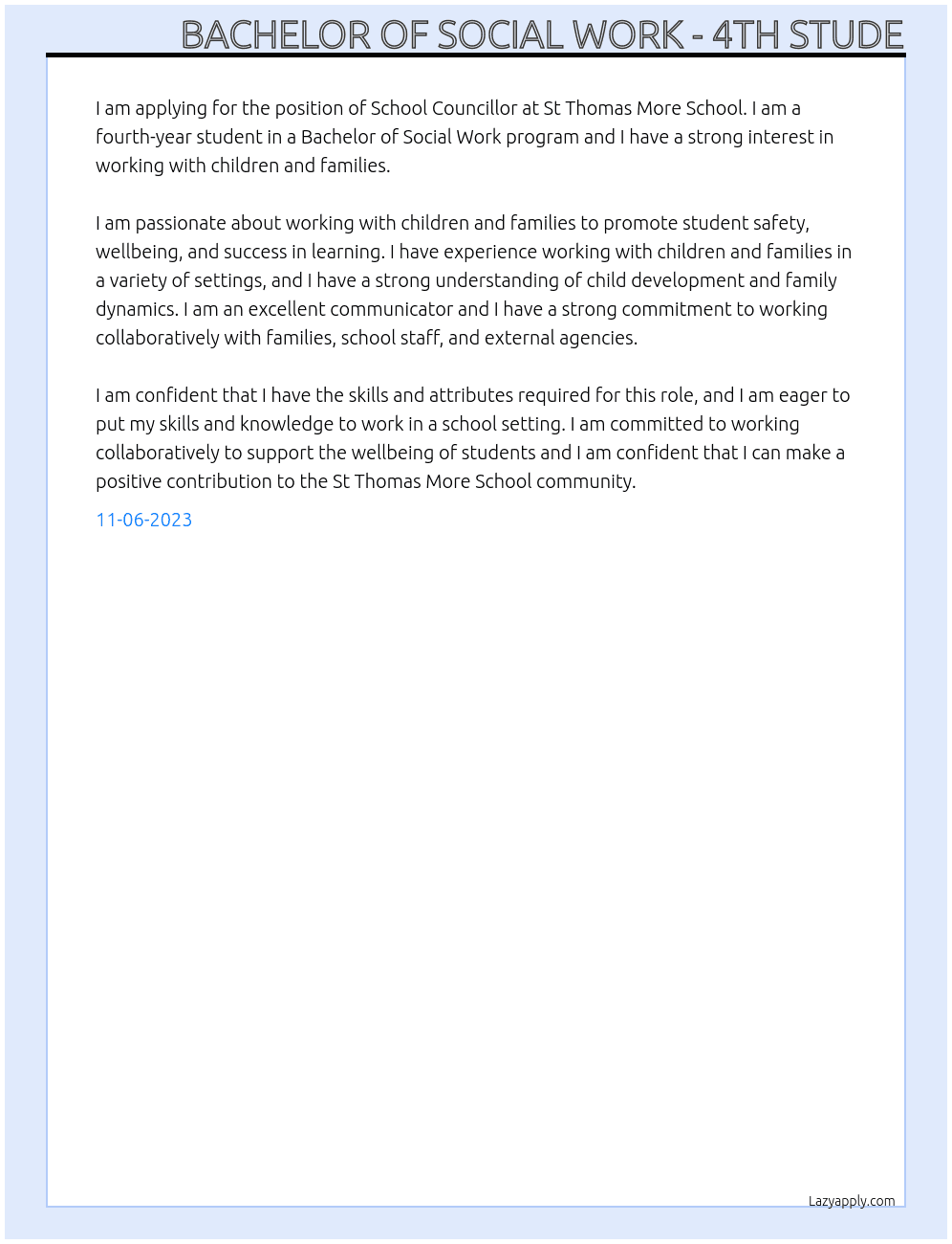 School Councillor At Bachelor of Social work - 4th Student Cover Letter