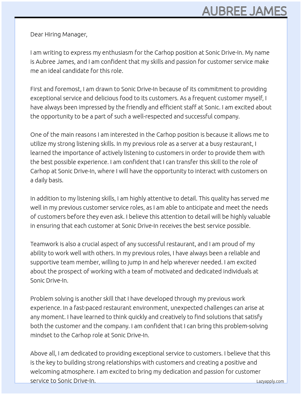 carhop At Sonic Frive- In Cover Letter