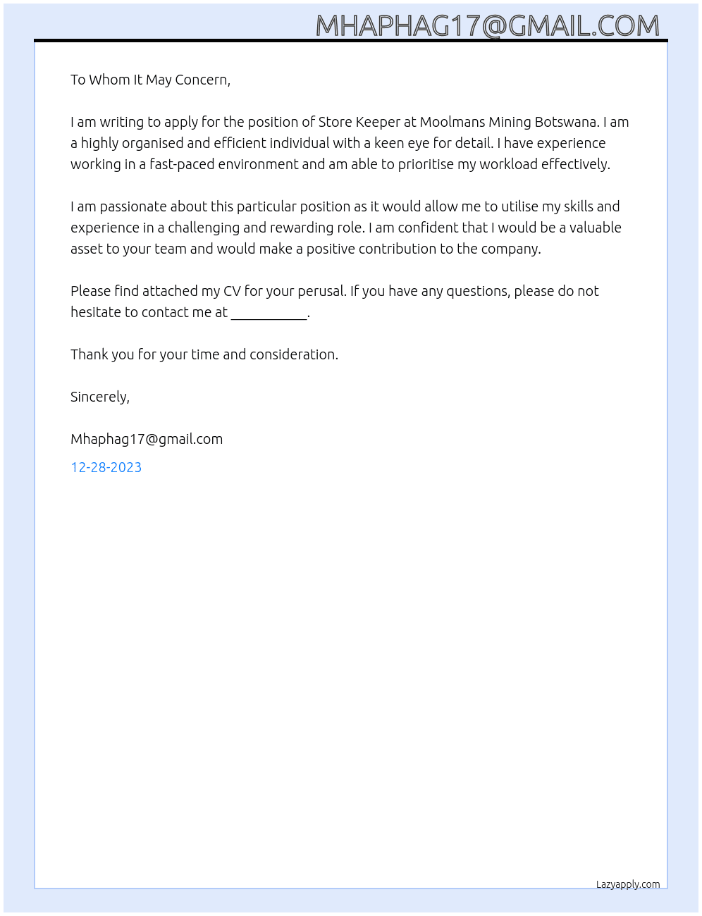 Store Keeper  At Moolmans Mining Botswana  Cover Letter