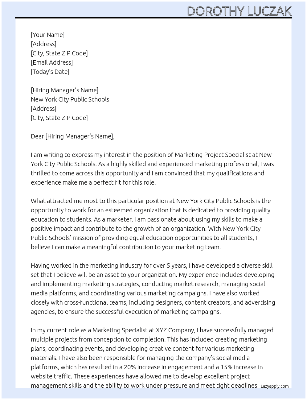 Marketing Project Specialist At New York City Public Schools Cover Letter