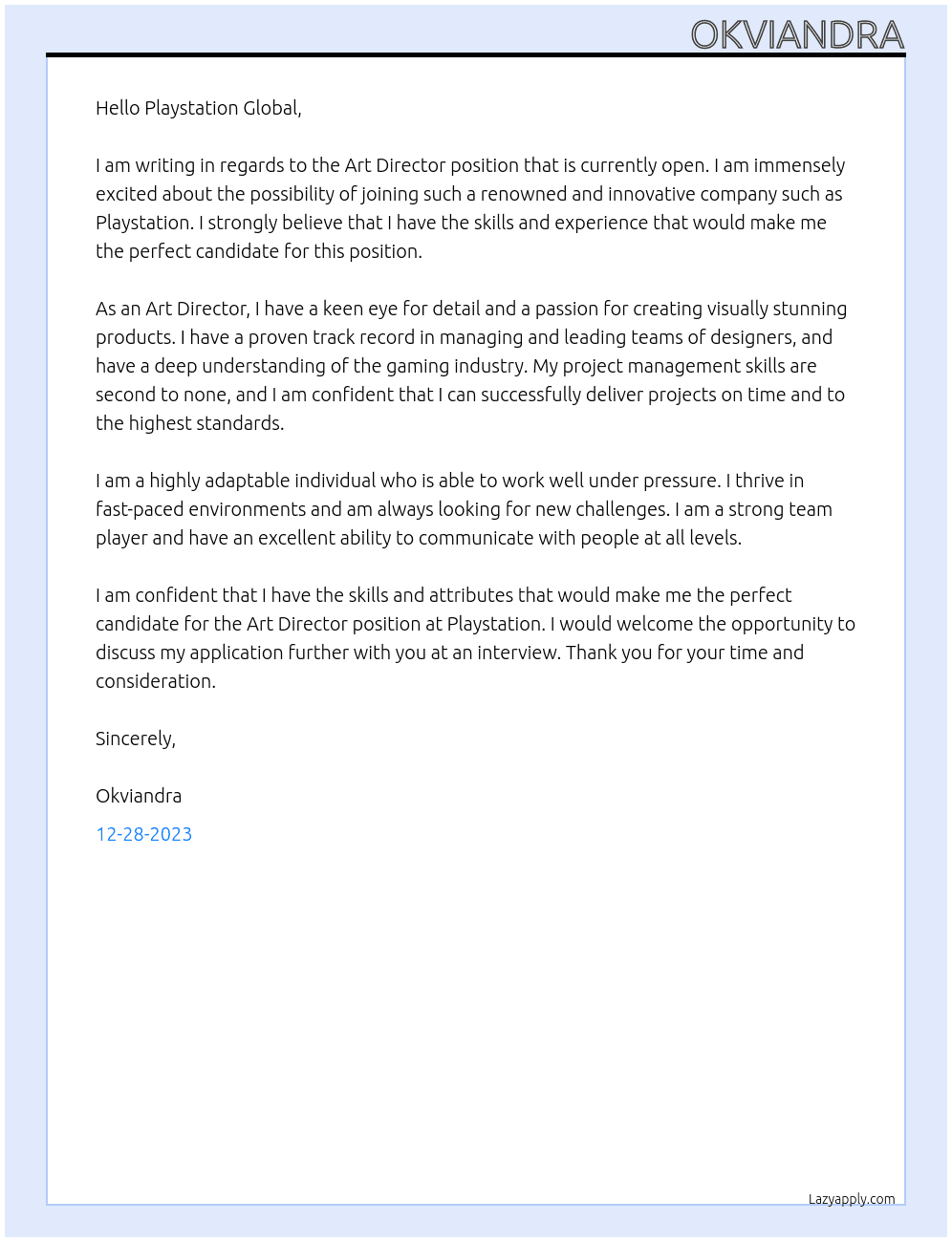 Art Director At Playstation Global Cover Letter