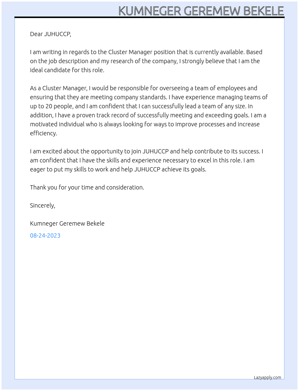 Cluster Manager  At JUHUCCP Cover Letter